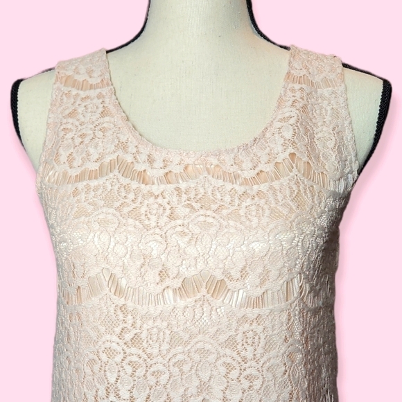 New Ivory Blush Scoop Neck Lace Overlay Silky Satin Sleeveless Dress Size Small - Picture 2 of 6